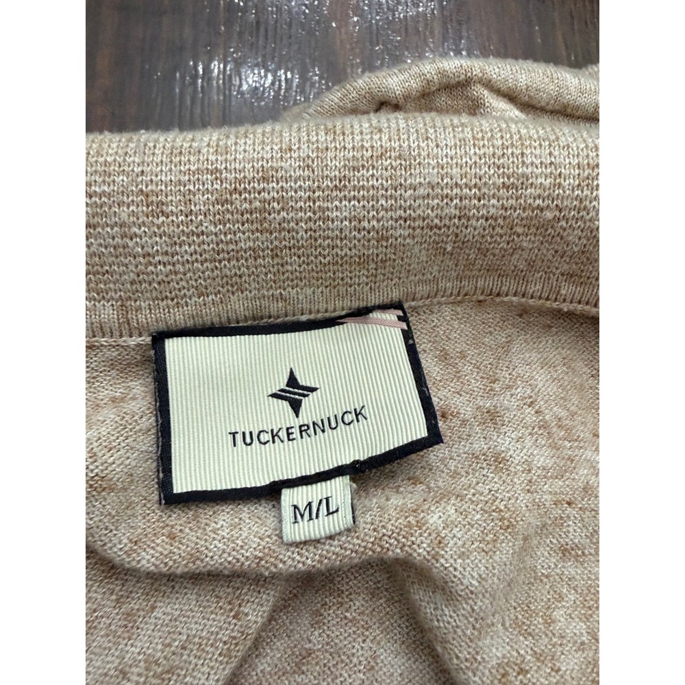 Tuckernuck Women Tan Heather Tencel Linen Blend Long Sleeve Polo Sweater M/L - Picture 4 of 5